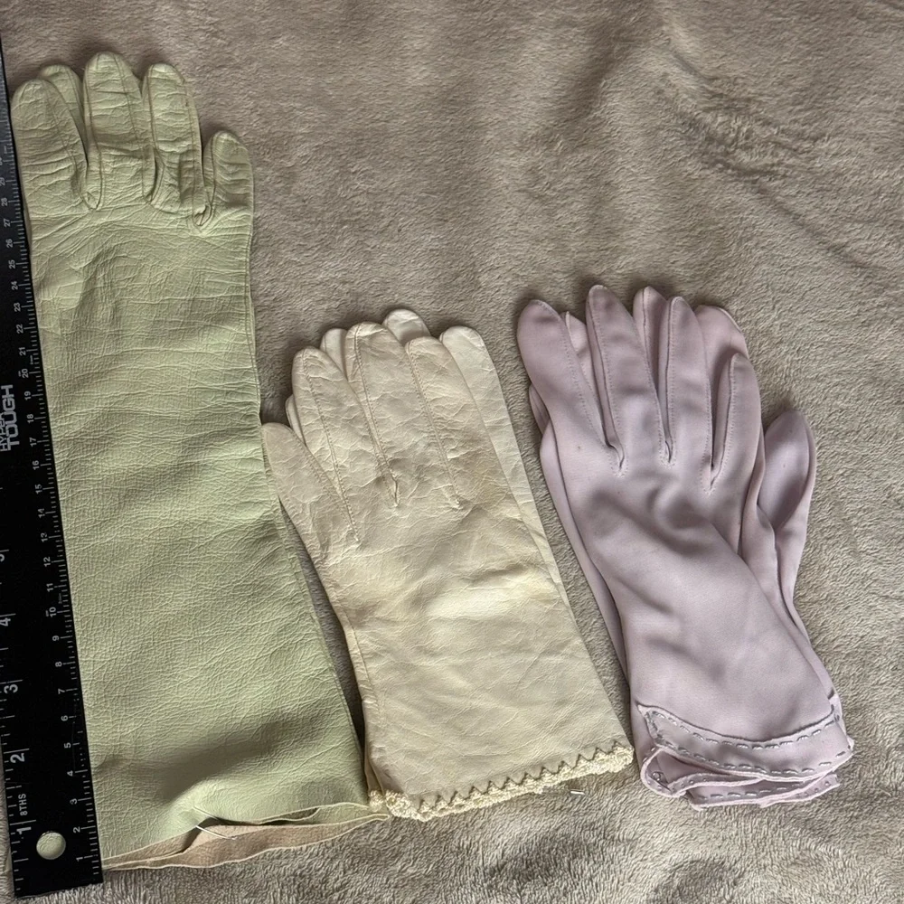 VTG Bundle 3 Pairs Mid-Century Gloves Leather & Nylon Pastel‎ Green White Cream